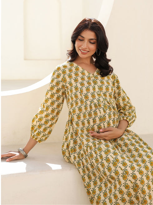 Cream Pure Cotton Floral Printed A-line Maternity Dress